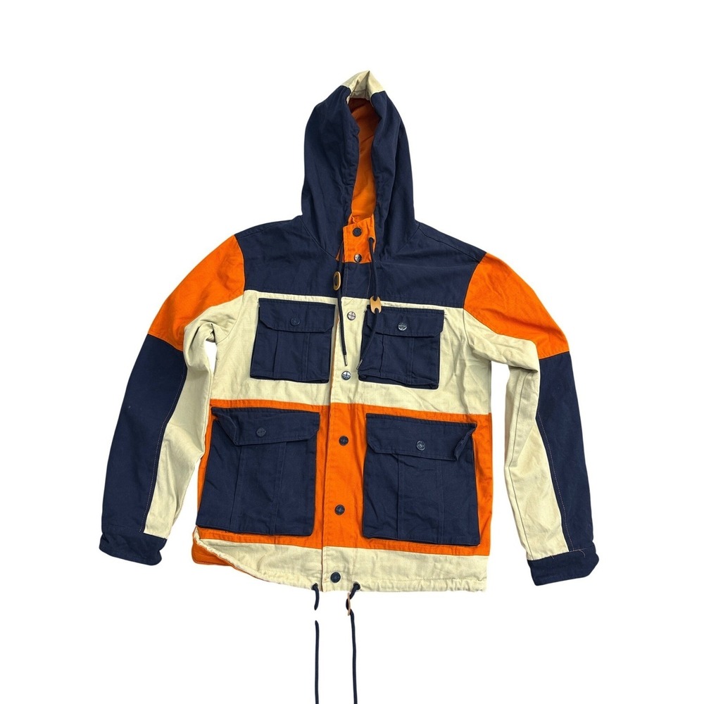 BKYS Sport Mens Colorblock Utility Field Jacket Hooded Navy Orange Cream Large